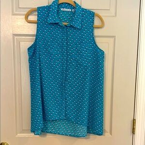 Notations Sleeveless  Blue Polka Dot Women's Button Down Blouse Medium